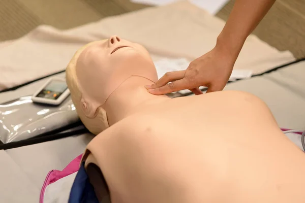 Controleer hartslag - Cpr EHBO opleiding met reanimatie dummy in de klas — Stockfoto