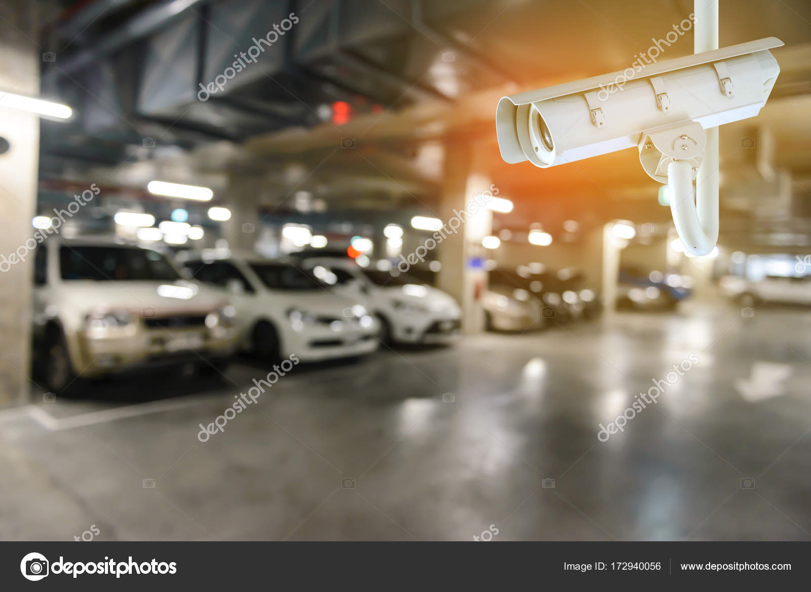 CCTV Security camera with blurred image of underground cars parking