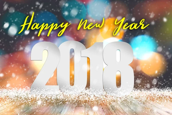 Hyvää uutta vuotta 2018 tekstin yläpuolella tyhjä puu pöytä lumisade ja bokeh kevyt tausta . — kuvapankkivalokuva