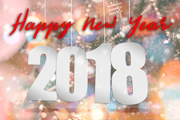 Happy New year 2018 tekst boven lege houten tafel met sneeuwval en bokeh lichte achtergrond. — Stockfoto
