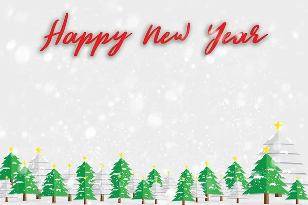 Gelukkig Nieuwjaar tekst met kerstboom en sneeuwval. Nieuwjaar concept van de vakantie. — Stockfoto