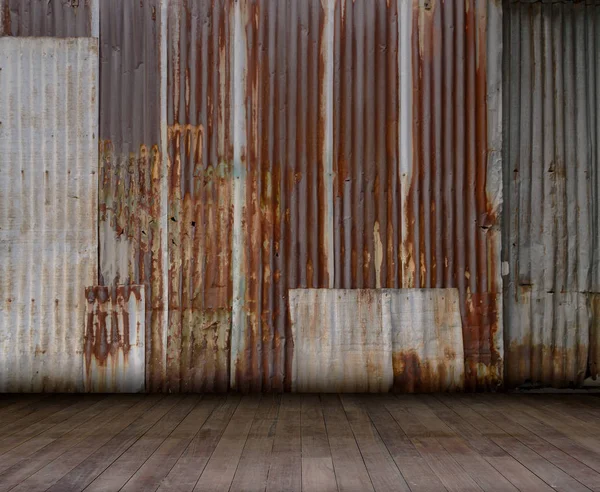 Empty room - Old rusty zinc wall with wooden floor, Ideal for product display — Stock Photo, Image