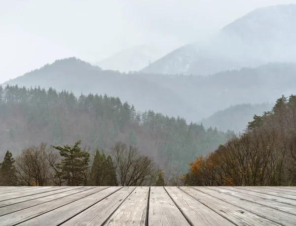 Leere Holzterrasse mit Naturpark zur Herbstzeit — Stockfoto