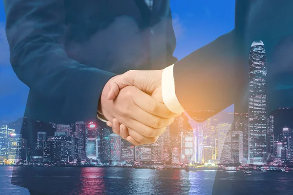 Double Exposure Business People Handshake City Night Background Successful Deal — Stock Photo, Image
