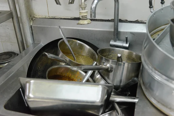 Heap Dirty Utensil Metal Sink — Stock Photo, Image