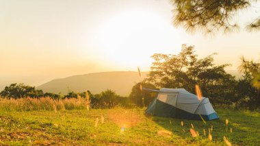 Dağlara tepeden bakan günbatımında çayırların arasında çadır kurmuşlar. Açık hava kampı