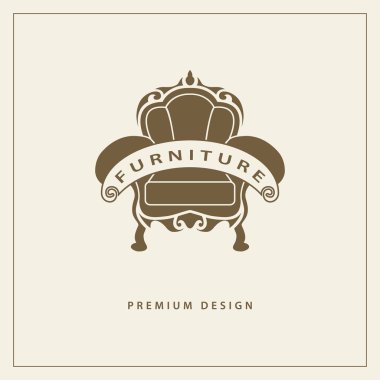 Mobilya logo şablonu. lüks evrensel sigorta primi tasarımı. İç logo sembol. Sandalye stil çizgi amblemi. İşiniz için koltuk işareti. Vektör çizim