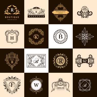 Çizgi grafik monogram. Vintage logo tasarım şablonları kümesi. İş işareti mektup amblemi. Vektör Logotype öğeleri koleksiyonu, simgeleri simgeleri, Retro etiketleri, rozetleri, siluetleri. Prim toplama
