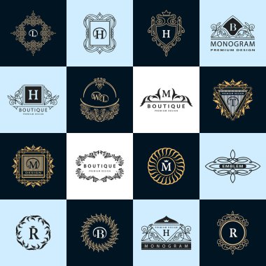 Çizgi grafik monogram. Vintage logo tasarım şablonları kümesi. İş işareti mektup amblemi. Vektör Logotype öğeleri koleksiyonu, simgeleri simgeleri, Retro etiketleri, rozetleri, siluetleri. Prim toplama
