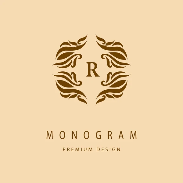 モノグラム デザイン要素、優雅なテンプレートです。エレガントなライン アートのロゴデザイン。美しいフレーム。金のエンブレム文字 R のレストラン、Web デザイン、ブティック、ホテル、ヘラルディック ジュエリーです。ベクトル図 — ストックベクタ