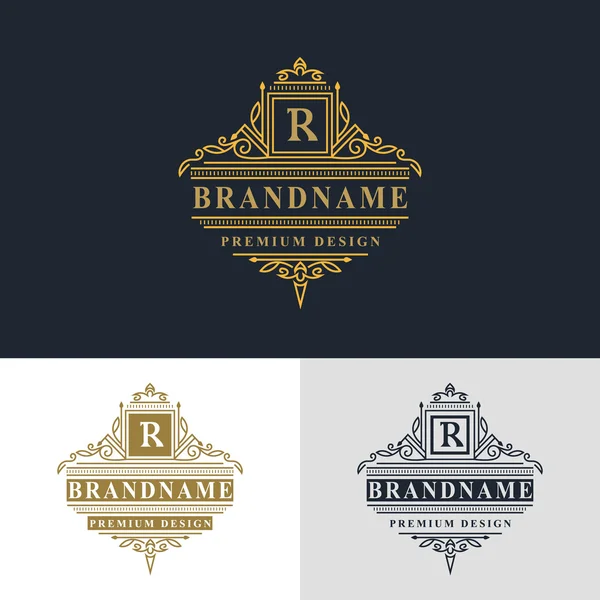 Monogram elementów projektu, szablon wdzięku. Projekt logo sztuka eleganckiej linii. Piękne ramki. Złote godło litera R, dla restauracji, Web design, Boutique, Hotel, Heraldic, biżuteria. Ilustracja wektorowa — Wektor stockowy