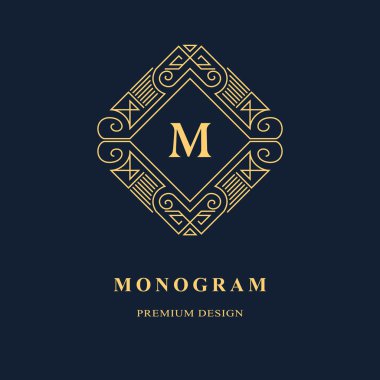 Çizgi grafik monogram. Zarif sanat logo tasarımı. Amblem. Zarif şablonu. Mektup M. iş işareti, Restoran, telif, butik, kafe, otel, Heraldic, takı, moda için bir kimlik. Vektör öğesi
