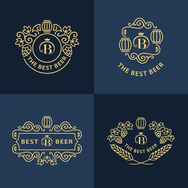 Monograme grafice de linie. Design logo-uri. Înflorește șablon ornament cadru cu butoi, hamei și frunze pentru logo-uri, etichete, embleme pentru casa de bere, bar, pub, companie de bere, fabrică de bere, tavernă. Set vectorial — Vector de stoc