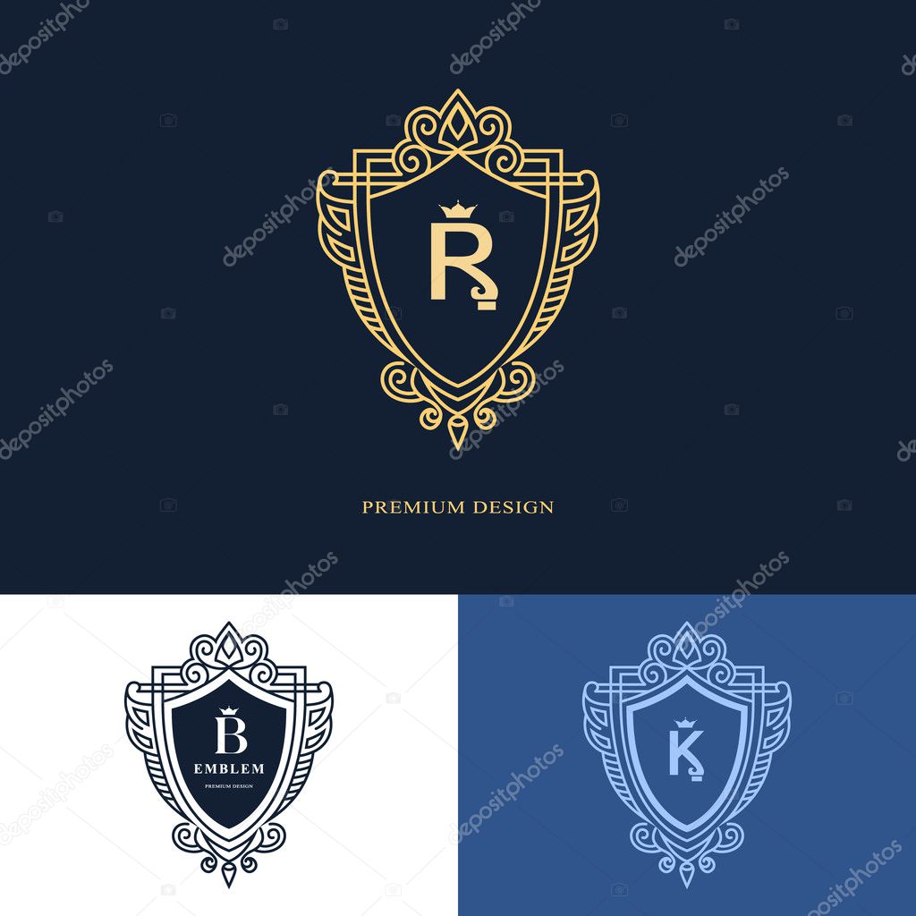 Line graphics monogram. Elegant art logo design. Letter R, B, K. Graceful template. Business sign, identity for Restaurant, Royalty, Boutique, Cafe, Hotel, Heraldic, Jewelry, Fashion. Vector elements