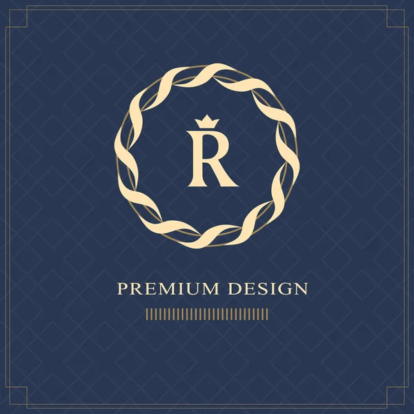 Emblema do círculo de tecelagem. Monograma elementos de design, modelo gracioso. Design de logotipo simples Carta R para Royalty, cartão de visita, Boutique, Hotel, Heráldico, Web design, Jóias. Ilustração vetorial — Vetor de Stock