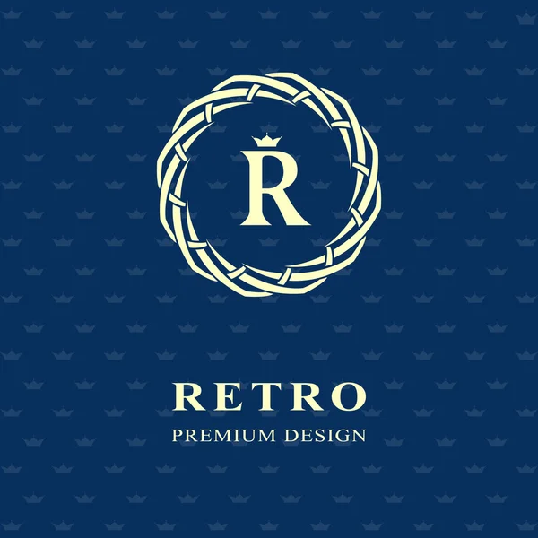 Emblema do círculo de tecelagem. Monograma elementos de design, modelo gracioso. Design de logotipo simples Carta R para Royalty, cartão de visita, Boutique, Hotel, Heráldico, Web design, Jóias. Ilustração vetorial — Vetor de Stock