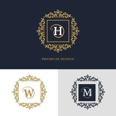 Monogram tasarım öğeleri, zarif şablonu. Kaligrafi zarif hat Sanat logo tasarımı. Mektup amblemi üye H, W, M lisanslı için kartvizit, butik, otel, Heraldic, takı. Vektör çizim