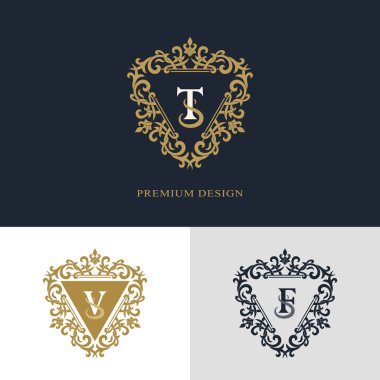Monogram tasarım öğeleri, zarif şablonu. Kaligrafi zarif hat Sanat logo tasarımı. Mektup amblemi üye T, V, F lisanslı için kartvizit, butik, otel, Heraldic, takı. Vektör çizim