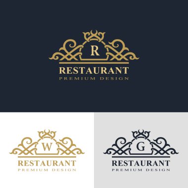 Monogram tasarım öğeleri, zarif şablonu. Kaligrafi zarif hat Sanat logo tasarımı. Mektup amblemi üye R, G, G lisanslı için kartvizit, butik, otel, Heraldic, takı. Vektör çizim