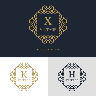 Monogram tasarım öğeleri, zarif şablonu. Kaligrafi zarif hat Sanat logo tasarımı. Mektup amblemi üye X, K, H lisanslı için kartvizit, butik, otel, Heraldic, takı. Vektör çizim