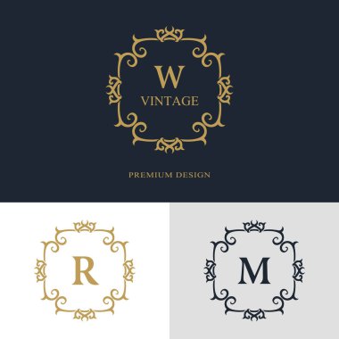 Monogram tasarım öğeleri, zarif şablonu. Kaligrafi zarif hat Sanat logo tasarımı. Mektup amblemi üye W, R, M lisanslı için kartvizit, butik, otel, Heraldic, takı. Vektör çizim