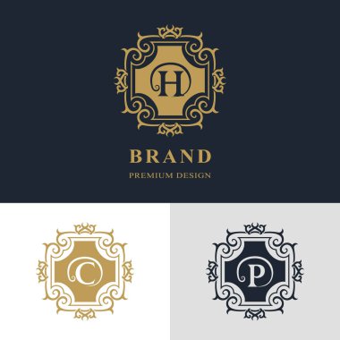 Monogram tasarım öğeleri, zarif şablonu. Kaligrafi zarif hat Sanat logo tasarımı. Mektup amblemi üye H, C, P lisanslı için kartvizit, butik, otel, Heraldic, takı. Vektör çizim