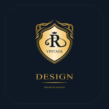Monogram tasarım öğeleri, zarif şablonu. Kaligrafi zarif hat Sanat logo tasarımı. Lisanslı için kartvizit, amblem işareti R harfi Boutique Hotel, Heraldic, takı. Vektör çizim