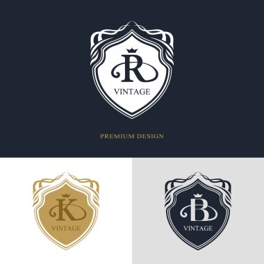 Monogram tasarım öğeleri, zarif şablonu. Kaligrafi zarif hat Sanat logo tasarımı. Mektup amblemi üye R, K, B lisanslı için kartvizit, butik, otel, Heraldic, takı. Vektör çizim