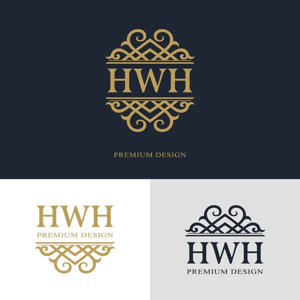 Monogram elementów projektu, szablon wdzięku. Projektowanie logo sztuki kaligrafii eleganckiej linii. Pismo znak godło Hwh dla Royalty, wizytówki, Boutique Hotel, Heraldic, biżuteria. Ilustracja wektorowa — Wektor stockowy