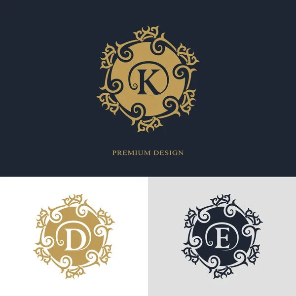 Monogram design elements, graceful template. Calligraphic elegant line art logo design. Letter emblem sign K, D, E for Royalty, business card, Boutique, Hotel, Heraldic, Jewelry. Vector illustration — Stock Vector