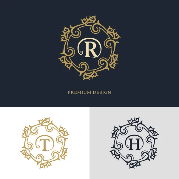 Monogram elementów projektu, szablon wdzięku. Projektowanie logo sztuki kaligrafii eleganckiej linii. List emblemat znak R, T, H dla Royalty, wizytówki, Boutique Hotel, Heraldic, biżuteria. Ilustracja wektorowa — Wektor stockowy