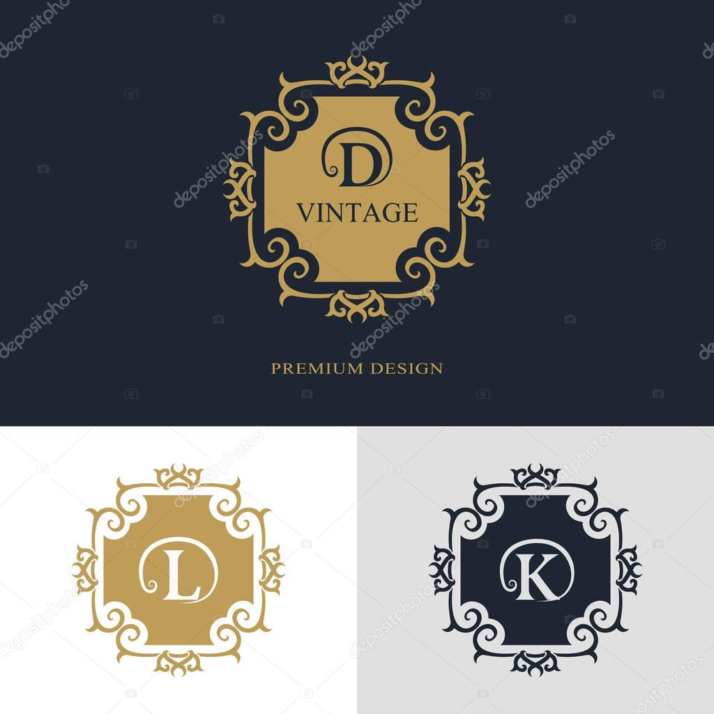 Monogram design elements, graceful template. Calligraphic elegant line art logo design. Letter emblem sign D, L, K for Royalty, business card, Boutique, Hotel, Heraldic, Jewelry. Vector illustration