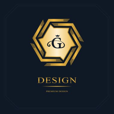 Geometrik Monogram logosunu görmeniz gerekir. Trendy mono çizgi stili soyut şablonu. Altın harf amblemi G. tek renkli amblem hippi. Logo, rozet, afiş, insignias, çerçeve, etiket için en az tasarım öğeleri. Vektör