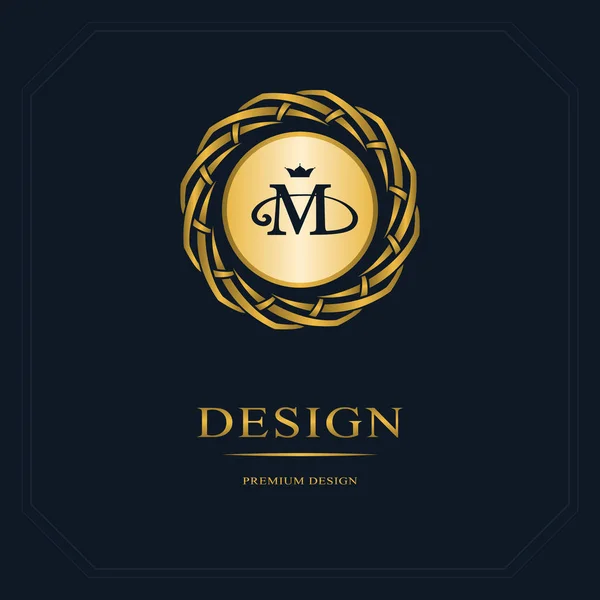 Guld Emblem av vävning cirkeln. Monogram designelement, graciösa mall. Enkel Logotypdesign bokstaven M för kungligheter, visitkort, Boutique, Hotel, heraldiska, webbdesign. Vektorillustration — Stock vektor