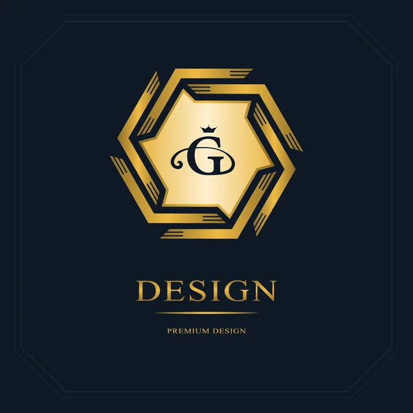 Geometriska Monogram logotyp. Abstrakta mall i trendiga mono-line stil. Guld brev emblem G. monokrom emblem hipster. Minimala designelement för emblem, gradbeteckningar, banner, logotyp, ram, etikett. Vektor — Stock vektor