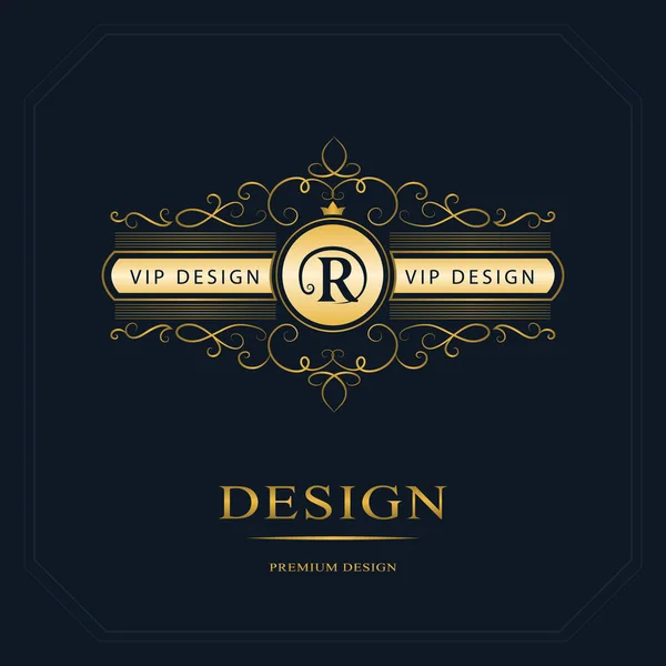 Monograma elementos de design, modelo gracioso. Caligráfico elegante linha arte logotipo design. Carta emblema sinal R para Royalty, cartão de visita, Boutique, Hotel, Heráldico, Jóias. Ilustração vetorial — Vetor de Stock