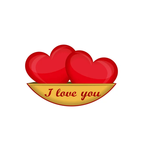 I love you. Two red hearts isolated on a gold saucer. Creative design for Valentine's day. Vector illustration — Stock Vector