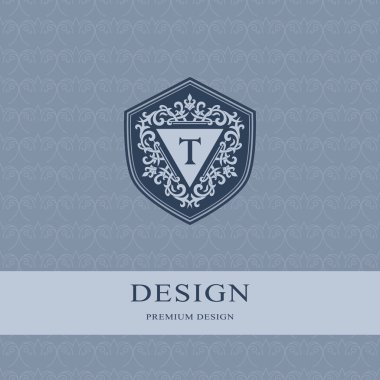 Soyut Monogram zarif şablonu. Dikişsiz desen arka plan. Kaligrafi zarif logo tasarımı. Arma işareti T. moda evrensel dekoratif etiket mektup. Vektör çizim