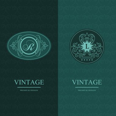 Soyut Monogram zarif şablonu. Dikişsiz desen arka plan. Kaligrafi zarif logo tasarımı. Harf amblemi sign R, L. moda evrensel dekoratif etiket. Vektör çizim