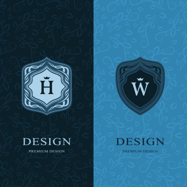 Soyut Monogram zarif şablonu. Dikişsiz desen arka plan. Kaligrafi zarif logo tasarımı. Harf amblemi sign H, W. moda evrensel dekoratif etiket. Vektör çizim