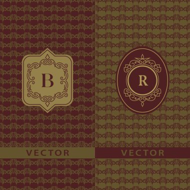 Soyut Monogram zarif şablonu. Dikişsiz desen arka plan. Kaligrafi zarif logo tasarımı. Harf amblemi sign B, R. moda evrensel dekoratif etiket. Vektör çizim