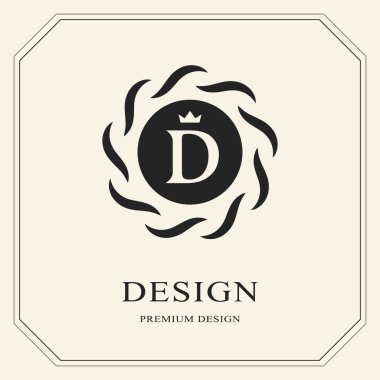 Soyut Monogram yuvarlak şablonu. Modern zarif lüks logo tasarımı. Mektup amblemi D taç. Mark ayrım. Moda evrensel etiket lisanslı, şirket, kartvizit, rozeti için. Vektör çizim