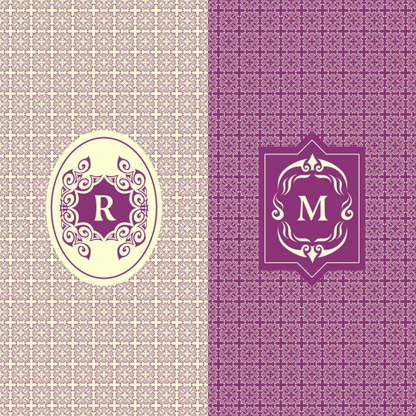 Abstract Monogram graceful template. Seamless pattern background. Calligraphic elegant logo design. Letter emblem sign R, M. Fashion universal decorative label. Vector illustration — Stock Vector