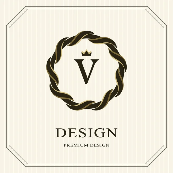 Abstrakta Monogram rund mall. Linjär sömlösa mönster. Modern elegant lyx Logotypdesign. Brev emblem V, kronan. Universal modemärke för kungligheter, företaget, visitkort. Vektorillustration — Stock vektor