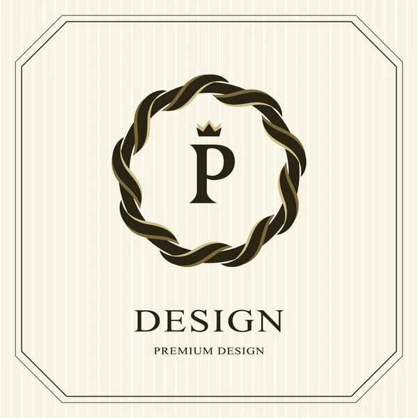 Abstract Monogram round template. Linear seamless pattern. Modern elegant luxury logo design. Letter emblem P, crown. Fashion universal label for Royalty, company, business card. Vector illustration — Stock Vector