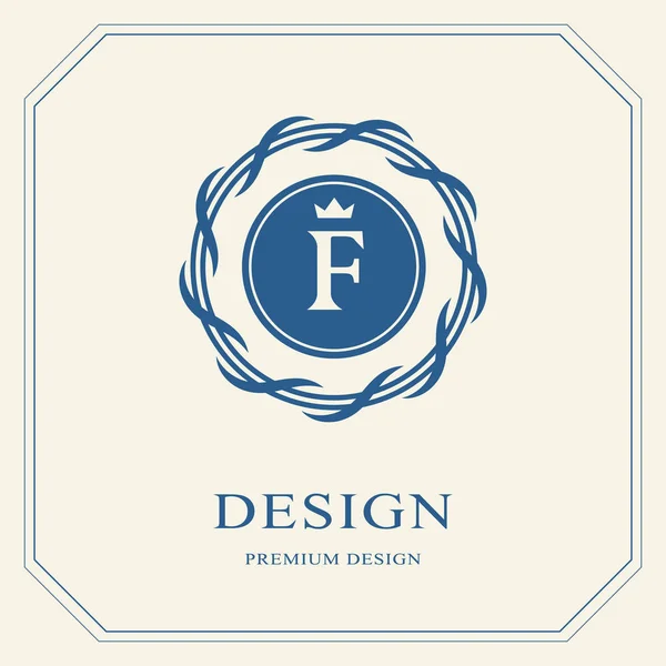 Abstract Monogram round template. Modern elegant luxury logo design. Letter emblem F crown. Mark of distinction. Fashion universal label for Royalty, company, business card, badge. Vector illustration — Stock Vector