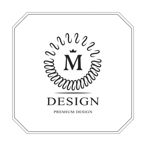 Abstraktní Monogram kulatá šablona. Moderní a elegantní luxusní design loga. Dopis znak M koruny. Mark rozdíl. Módní univerzální štítek pro královské rodiny, společnosti, vizitka, odznak. Vektorové ilustrace — Stockový vektor