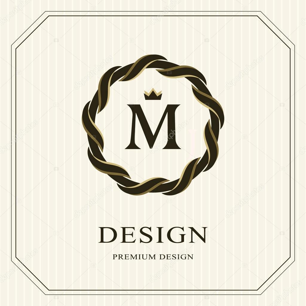 Abstract Monogram round template. Linear seamless pattern. Modern elegant luxury logo design. Letter emblem M, crown. Fashion universal label for Royalty, company, business card. Vector illustration