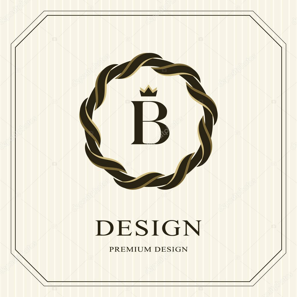 Abstract Monogram round template. Linear seamless pattern. Modern elegant luxury logo design. Letter emblem B, crown. Fashion universal label for Royalty, company, business card. Vector illustration