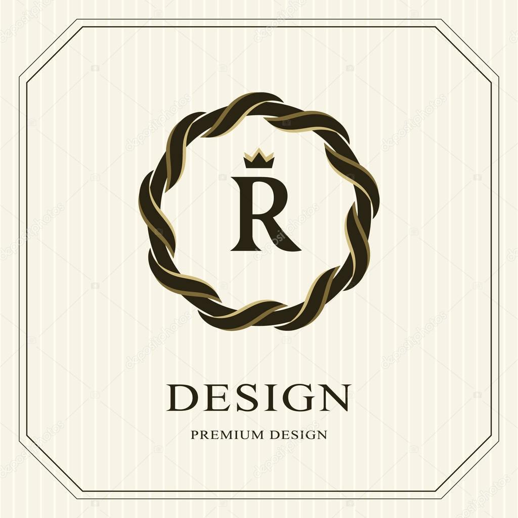 Abstract Monogram round template. Linear seamless pattern. Modern elegant luxury logo design. Letter emblem R, crown. Fashion universal label for Royalty, company, business card. Vector illustration
